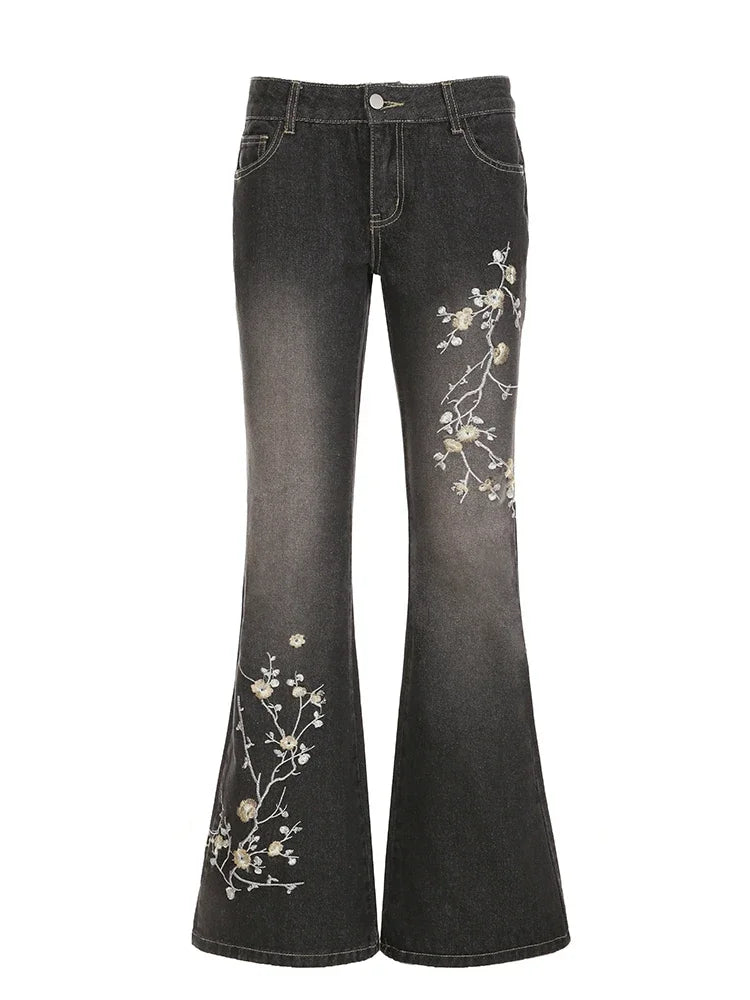 Floral Embroidered Y2K Vintage Flared Jeans
