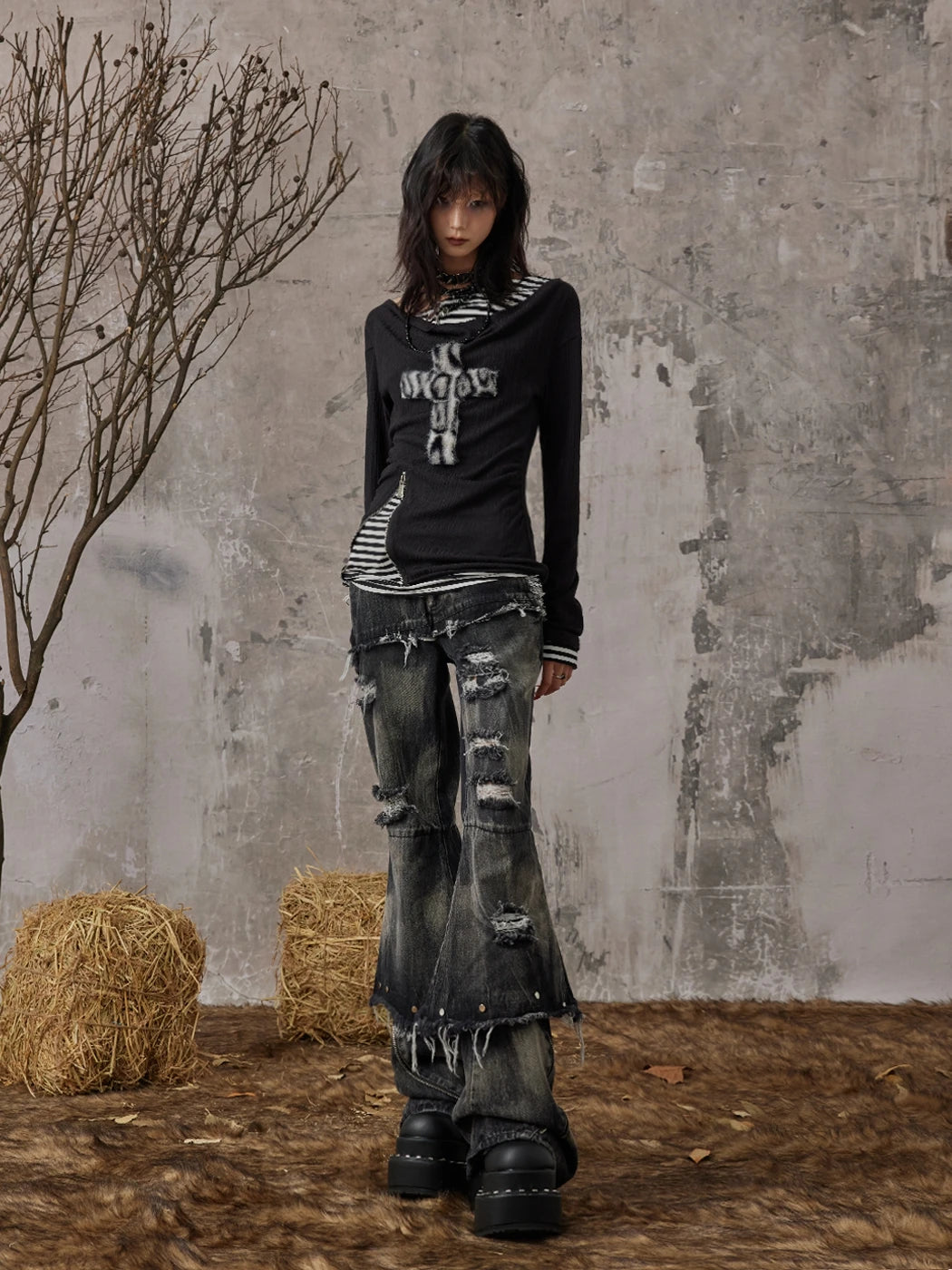 Gothic Wasteland Punk Y2K Trashy Off Shoulder Long Sleeve Top