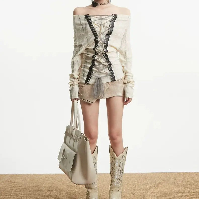 Gothic Y2K Lace Up Grunge Off Shoulder Graphic Long Sleeve Top