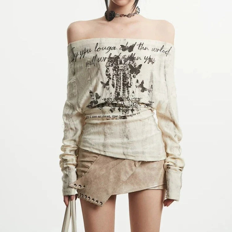 Gothic Y2K Lace Up Grunge Off Shoulder Graphic Long Sleeve Top