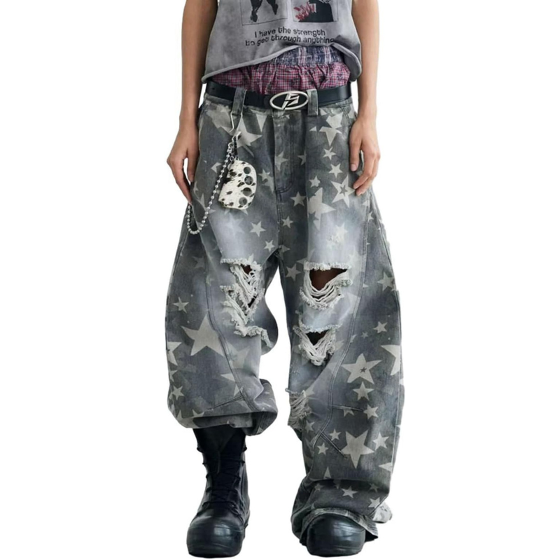 Grey Baggy Y2K Ripped Jeans Denim Jeans
