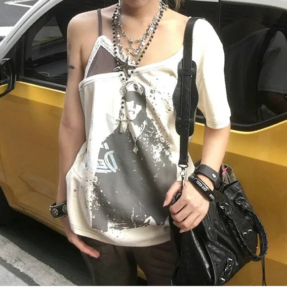 Grunge Y2K Aesthetic Mock Two Piece Off Shoulder Top
