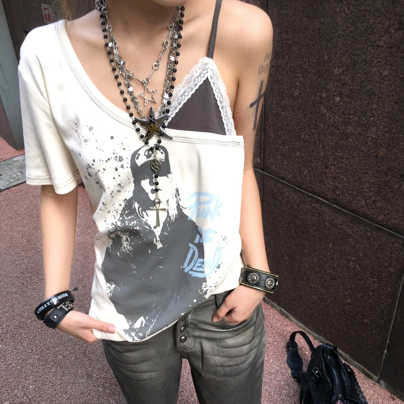 Grunge Y2K Aesthetic Mock Two Piece Off Shoulder Top