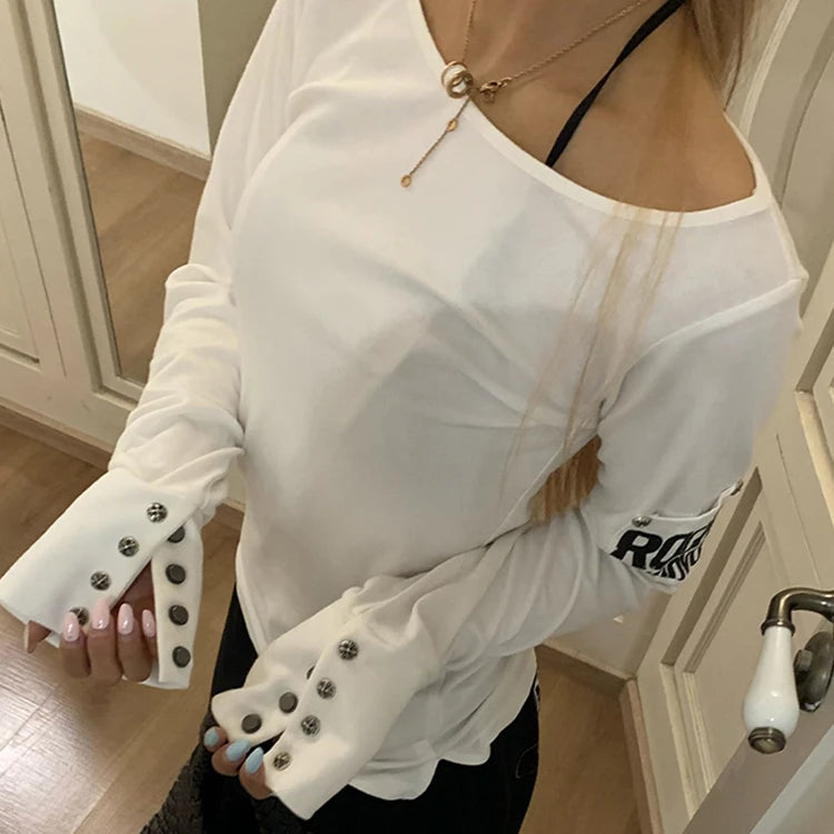 Grunge Y2K Graphic Long Sleeve Button Top