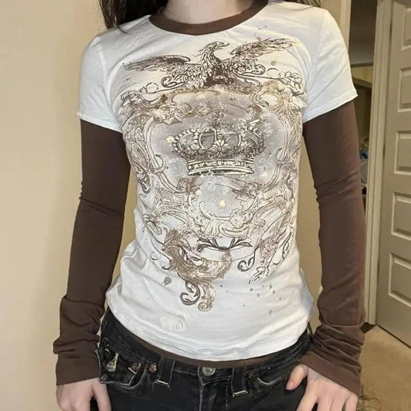 Grunge Y2K Retro Graphic Mock Long Sleeve Top