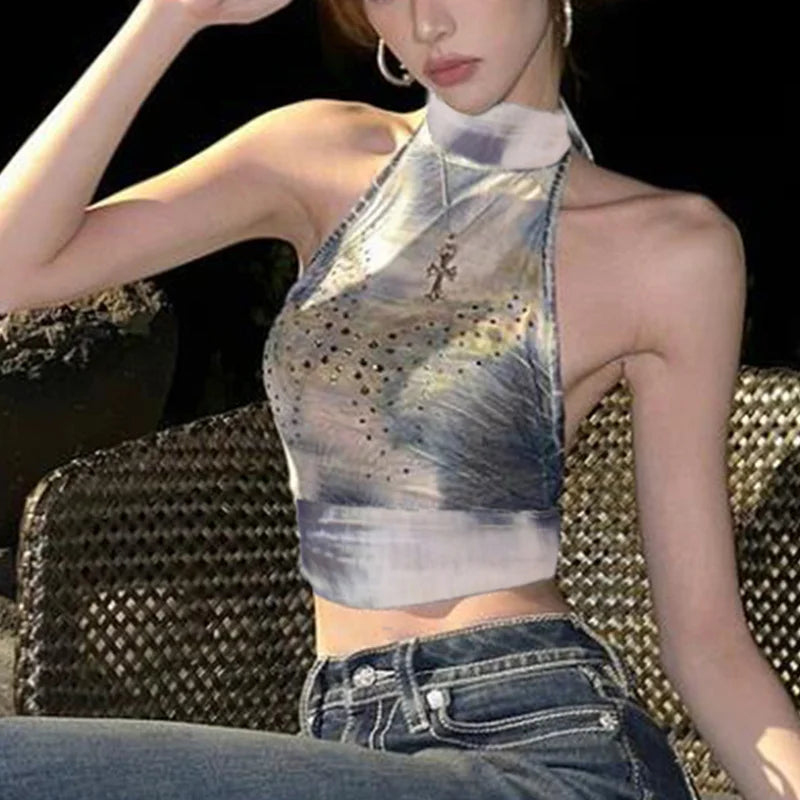 Grunge Y2K Rhinestone Butterfly Crop Halter Top