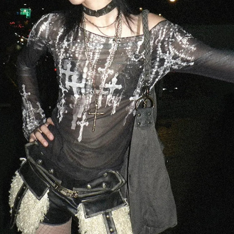 Grunge Y2K Tattoo Print Long Sleeve Mesh Top