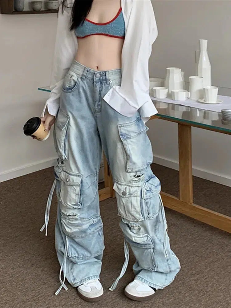 Grunge Y2K Washed Blue Baggy Ripped Cargo Jeans