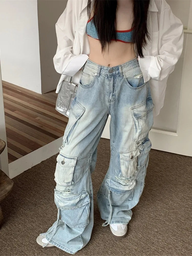 Grunge Y2K Washed Blue Baggy Ripped Cargo Jeans