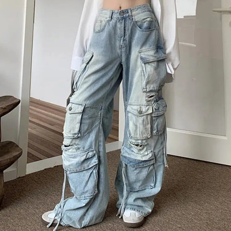 Grunge Y2K Washed Blue Baggy Ripped Cargo Jeans