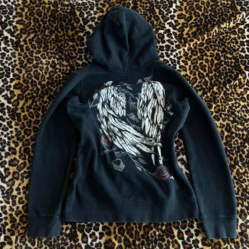 Grunge Y2K Winged Graphic Hoodie