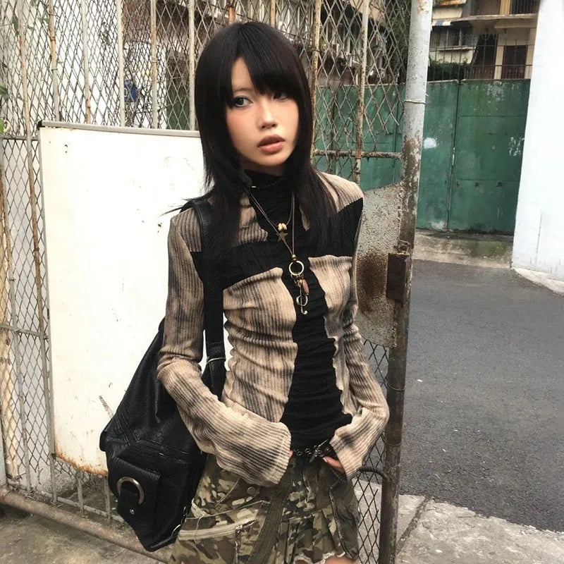 Grunge Y2k Cross Ribbed Long Sleeve Top