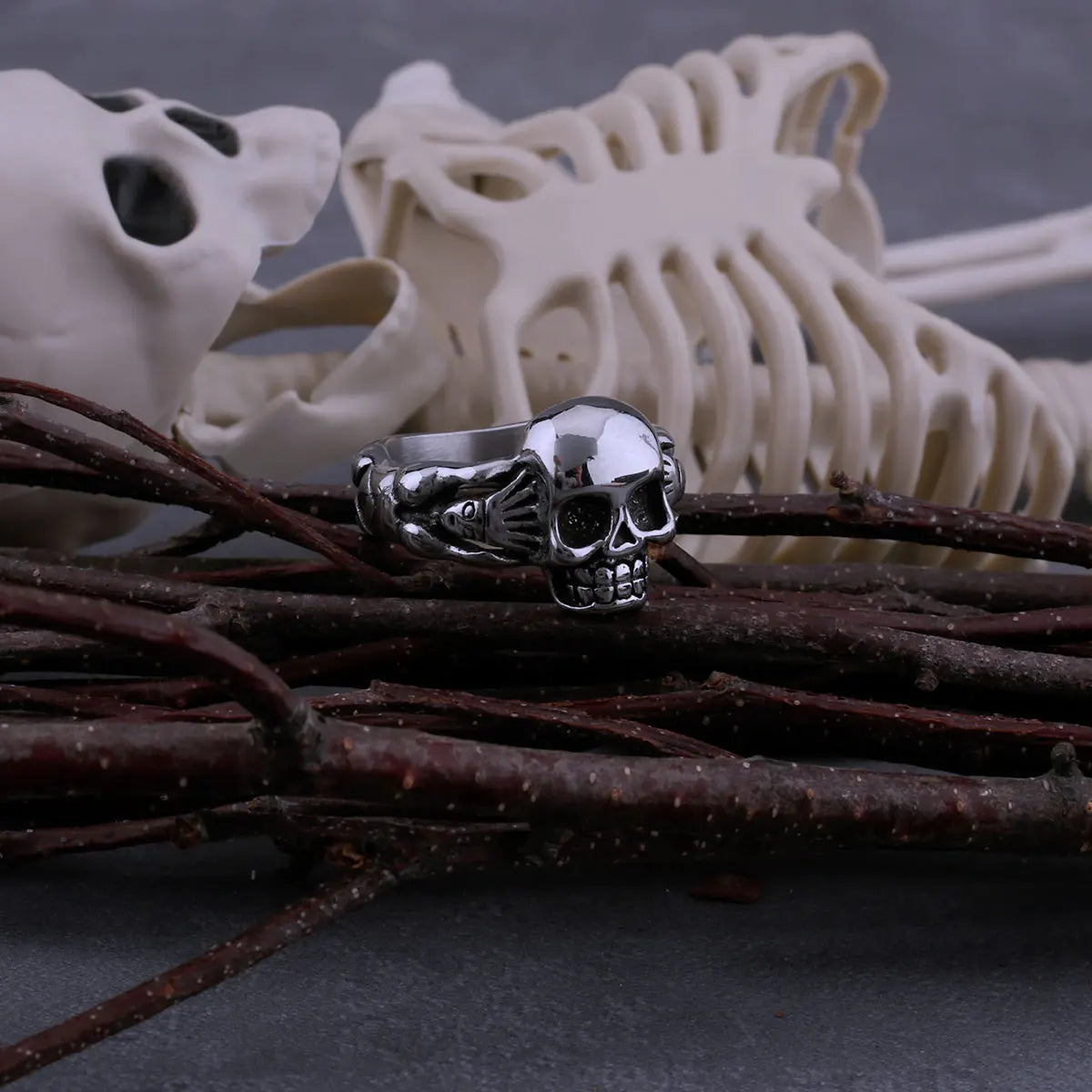 3.5cm Chinese Silver Skull King Ring - Multi-Color Dragon Theme Jewelry