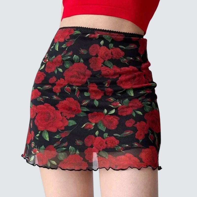 High Waist Y2K Mesh Rose Print Mini Skirt