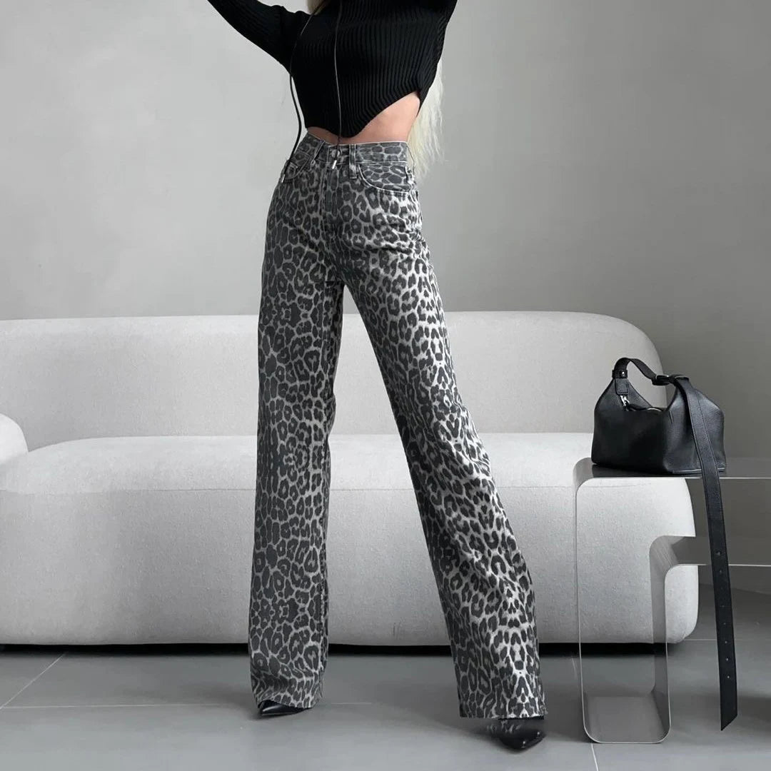 High Waist Y2K Snow Leopard Print Flares