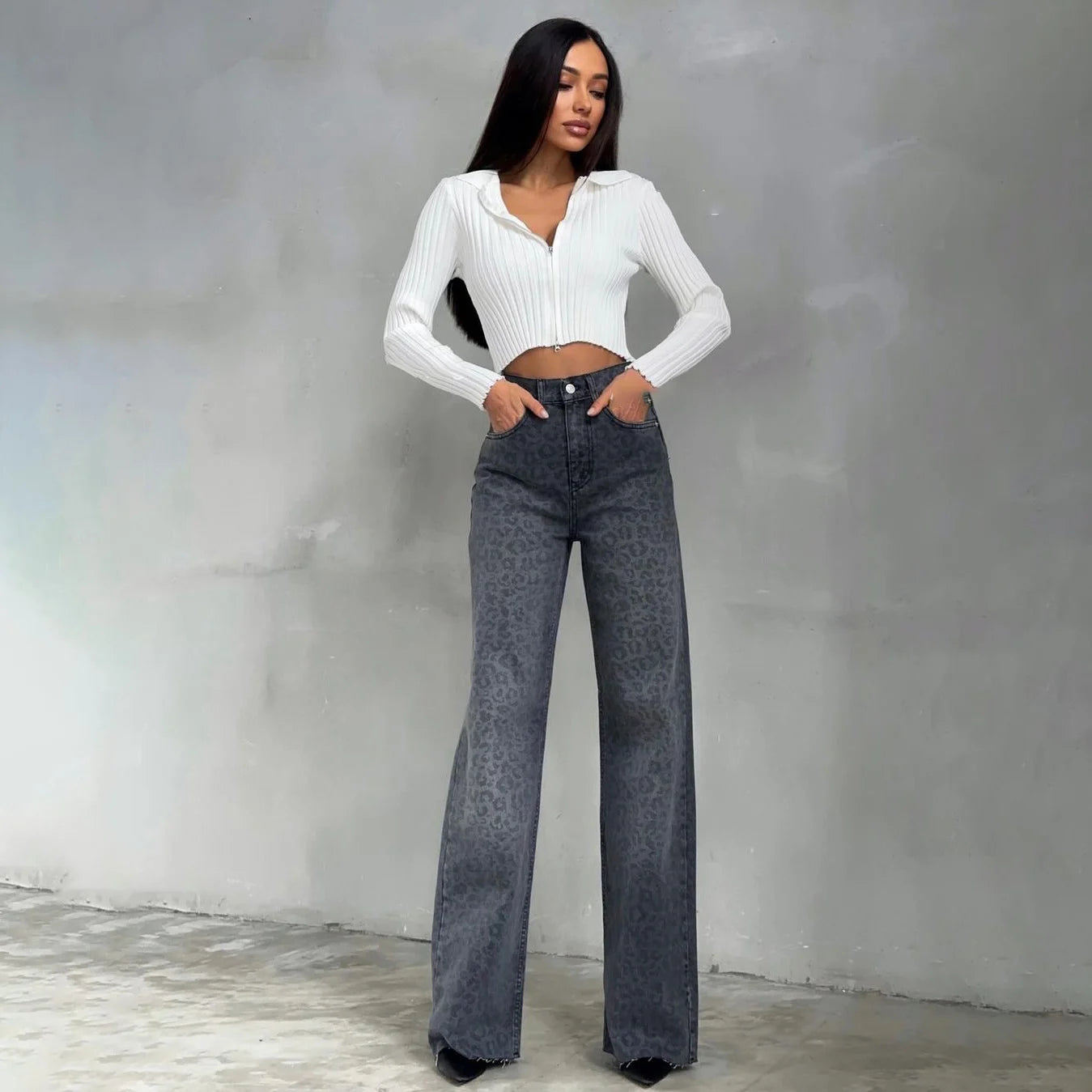 High Waist Y2K Snow Leopard Print Flares