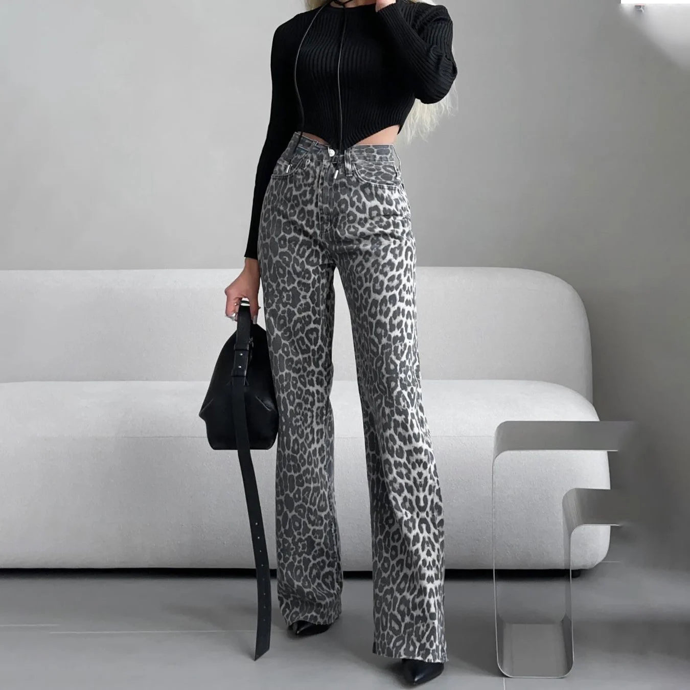 High Waist Y2K Snow Leopard Print Flares
