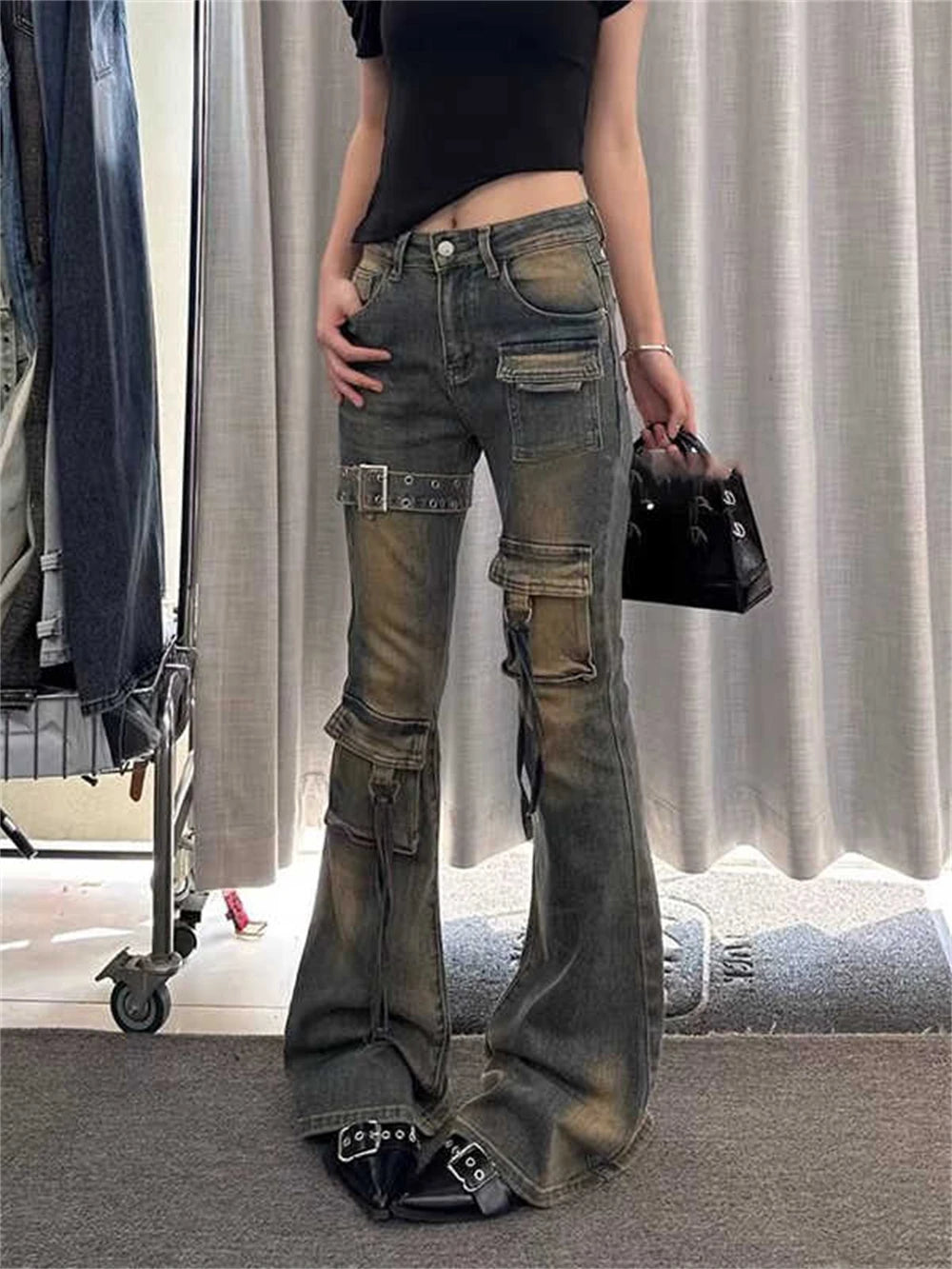 High Waist Y2K Washed Cargo Flared Jeans