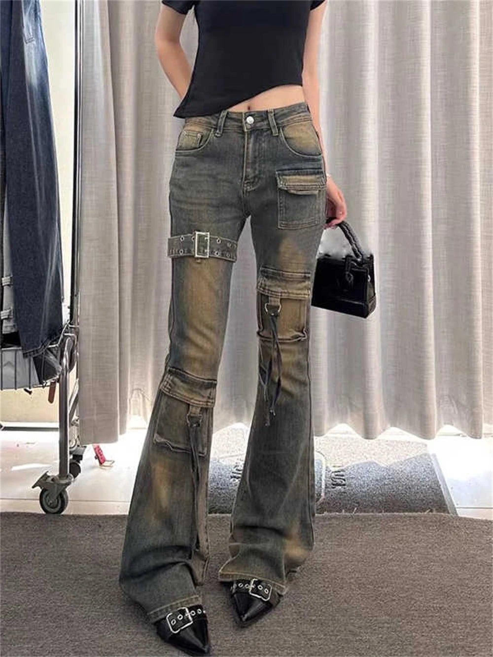 High Waist Y2K Washed Cargo Flared Jeans