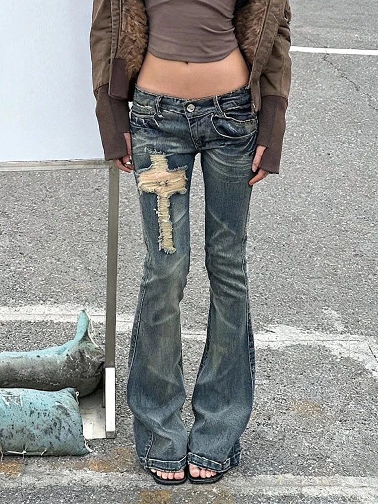 Japanese Y2K Distressed Cross Skinny Flared Jeans