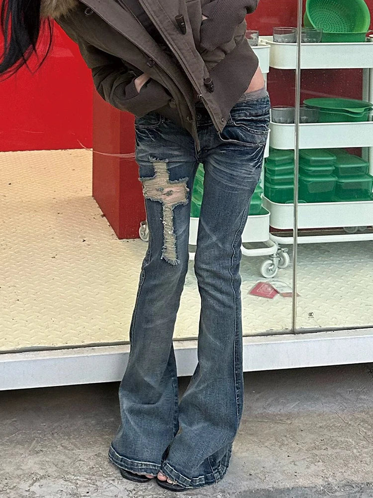 Japanese Y2K Distressed Cross Skinny Flared Jeans