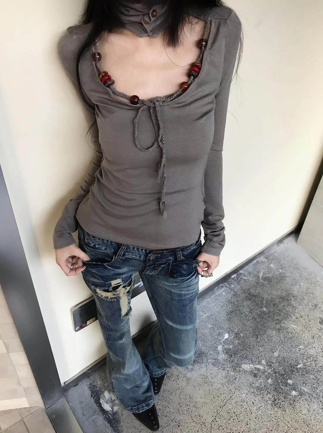 Japanese Y2K Distressed Cross Skinny Flared Jeans