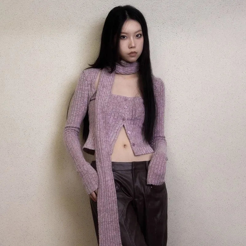 Korean Style Y2K Vintage Purple Short Cardigan With Scarf