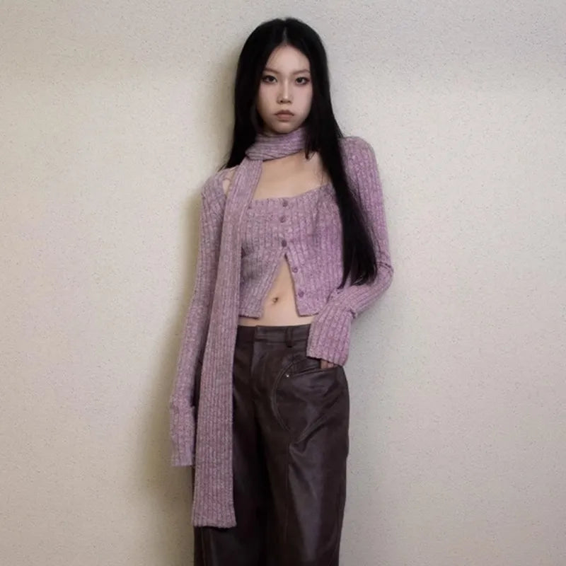 Korean Style Y2K Vintage Purple Short Cardigan With Scarf