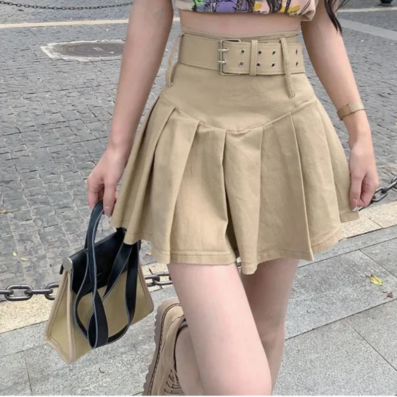 Korean Y2K High Waist With Belt Pleated Mini Skirt