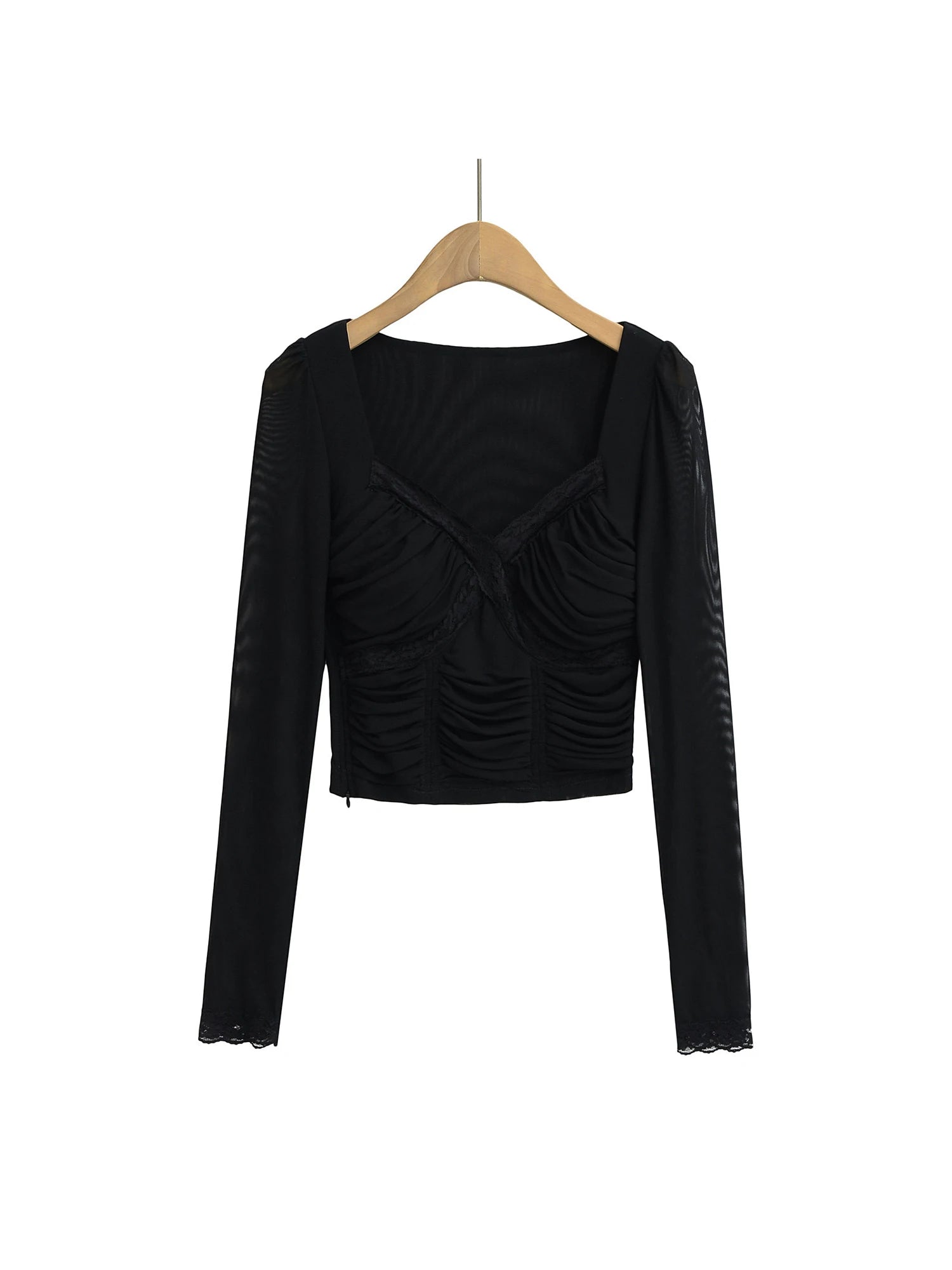 Lace Y2K Cropped Long Sleeve Low Cut Top