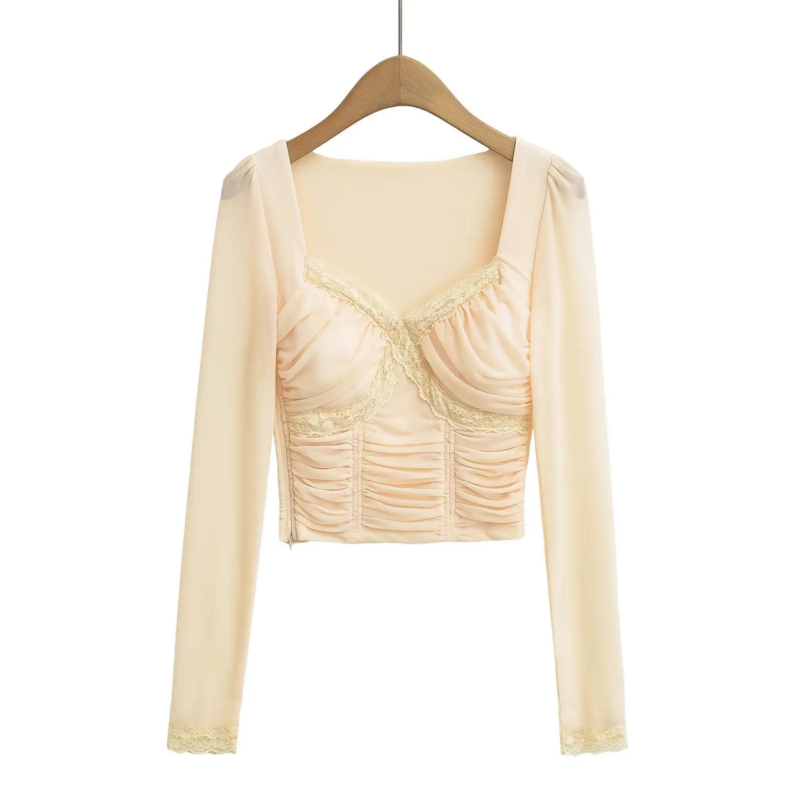 Lace Y2K Cropped Long Sleeve Low Cut Top