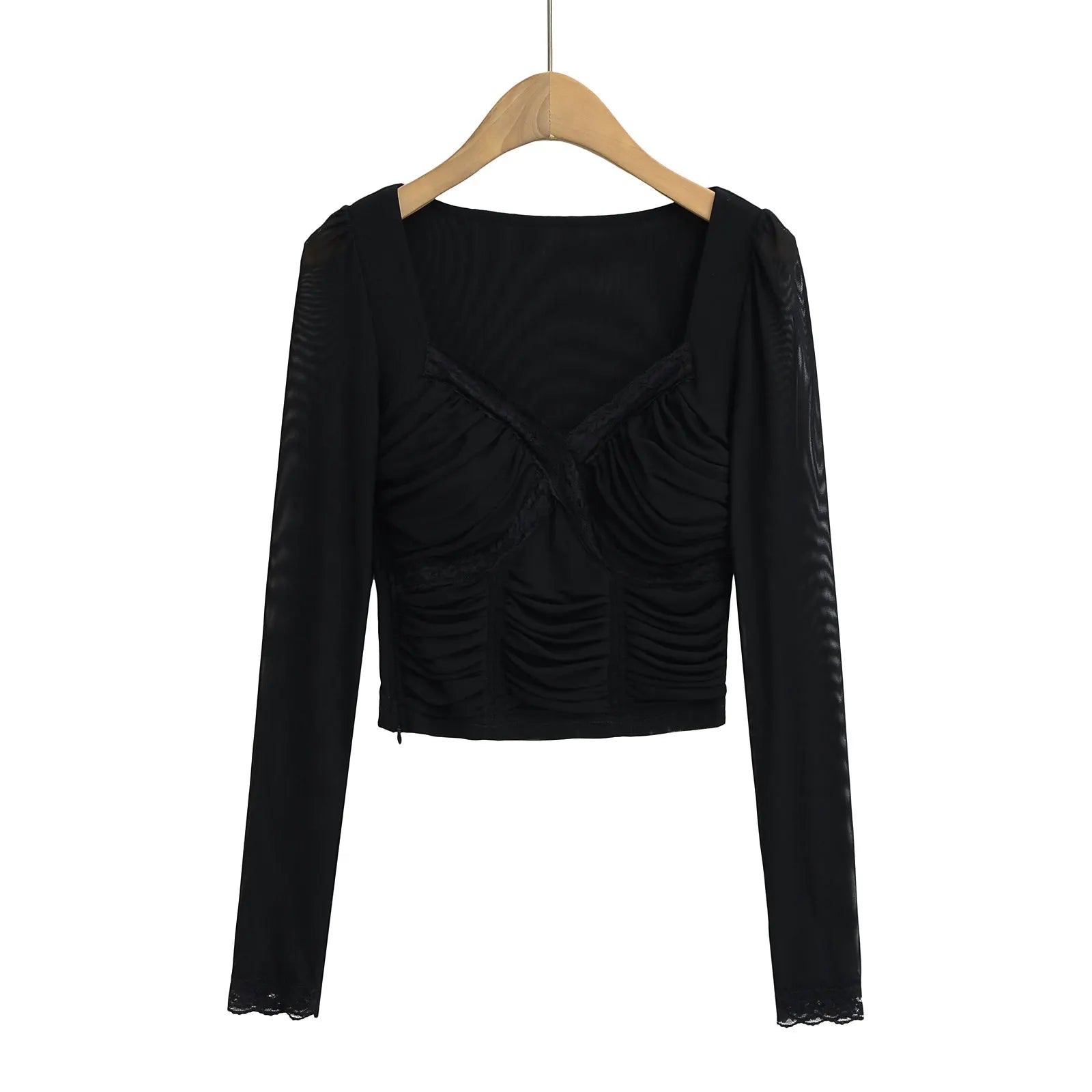 Lace Y2K Cropped Long Sleeve Low Cut Top