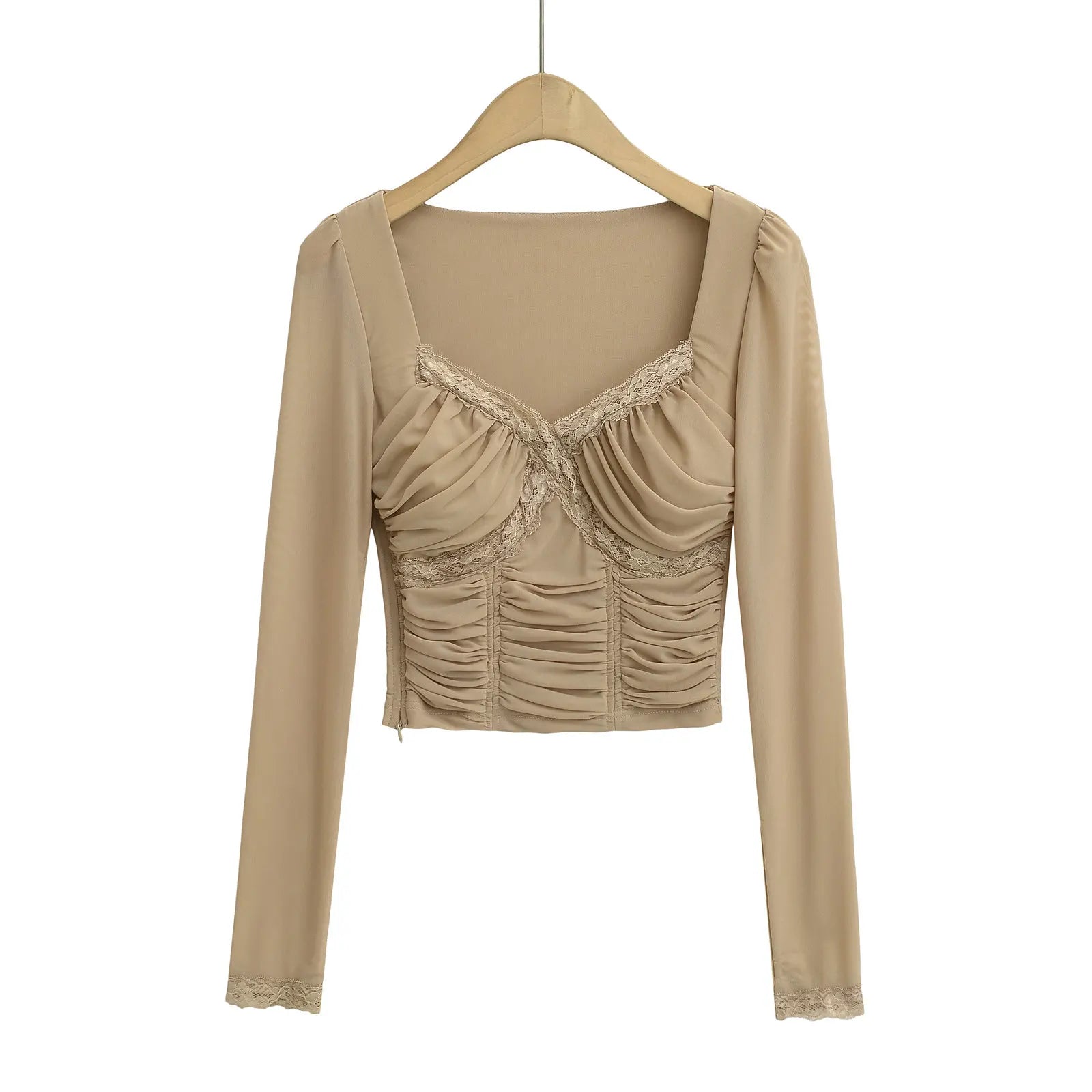 Lace Y2K Cropped Long Sleeve Low Cut Top