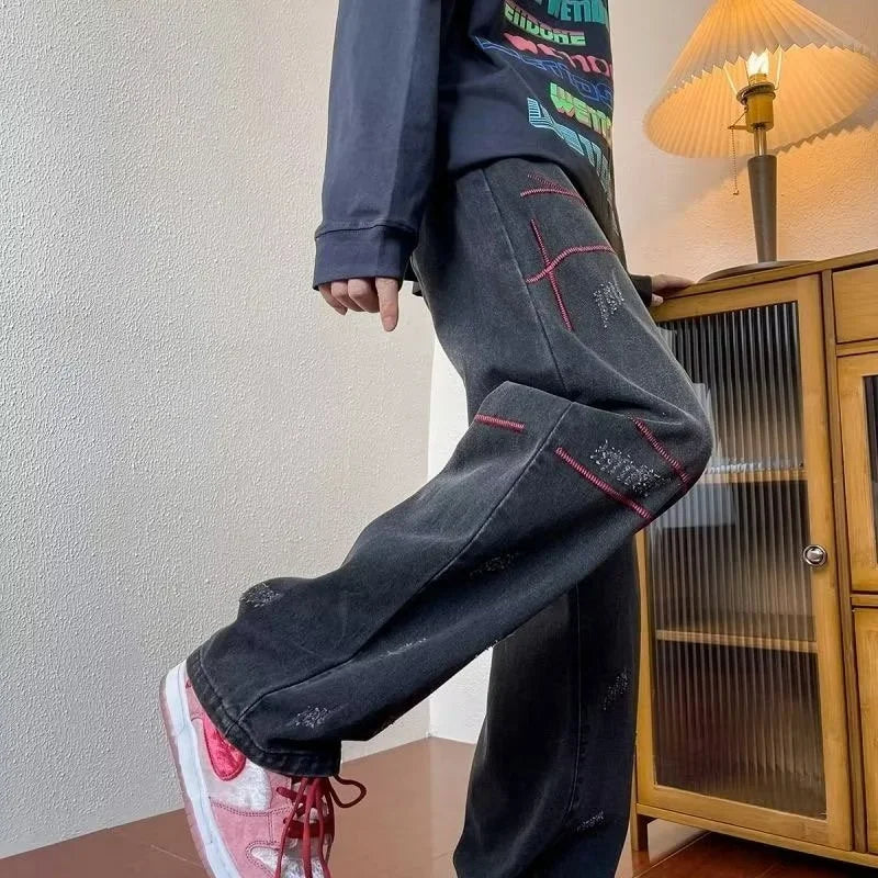Mens Baggy Straight Leg Distressed Y2K Jeans