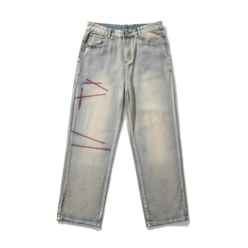 Mens Baggy Straight Leg Distressed Y2K Jeans