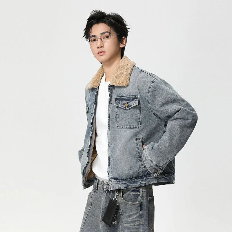 Mens Y2K Faux Wool Collar Washed Denim Jacket