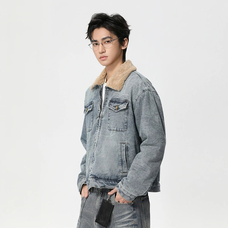 Mens Y2K Faux Wool Collar Washed Denim Jacket