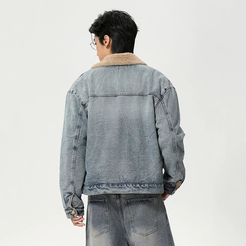 Mens Y2K Faux Wool Collar Washed Denim Jacket