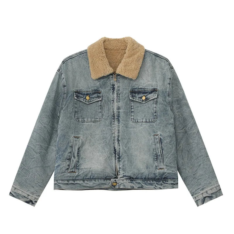 Mens Y2K Faux Wool Collar Washed Denim Jacket
