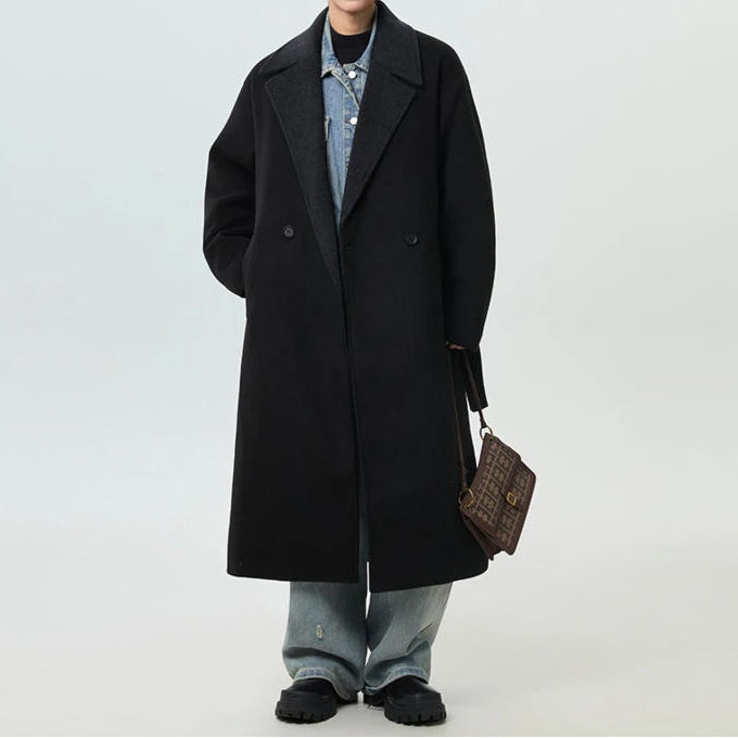Mens Y2K Overknee Old Money Lapel Contrast Color Trench Coat Jacket
