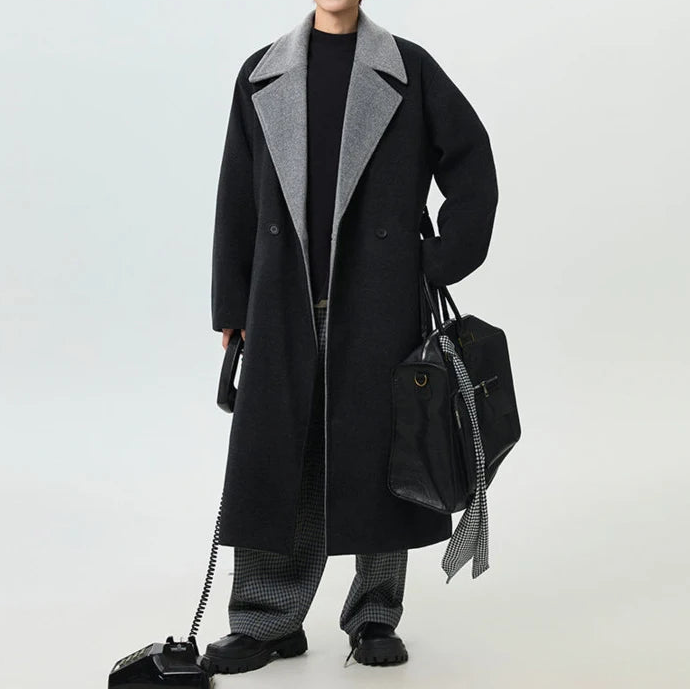 Mens Y2K Overknee Old Money Lapel Contrast Color Trench Coat Jacket