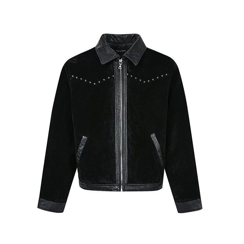 Mens Y2K Turn Down Collar Patchwork Rivet Faux Leather Jacket