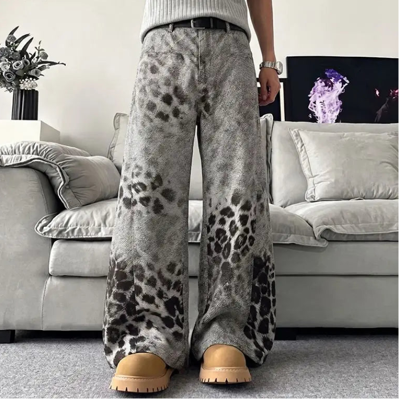 Mens Y2K Wide Leg Leopard Print Work Trousers