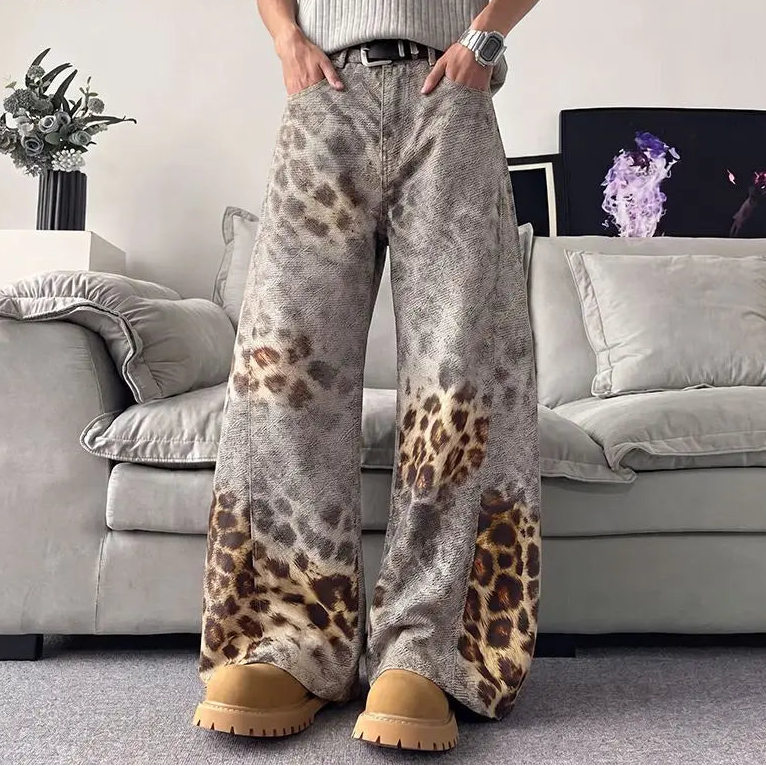 Mens Y2K Wide Leg Leopard Print Work Trousers