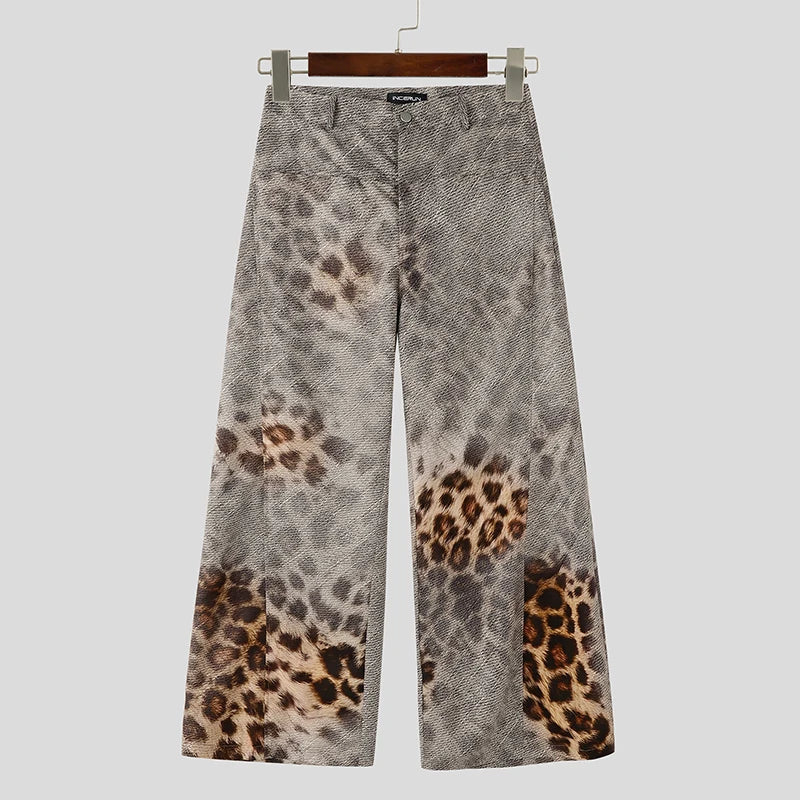 Mens Y2K Wide Leg Leopard Print Work Trousers