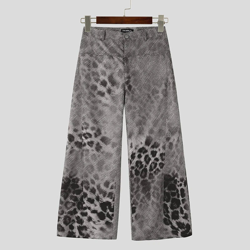 Mens Y2K Wide Leg Leopard Print Work Trousers
