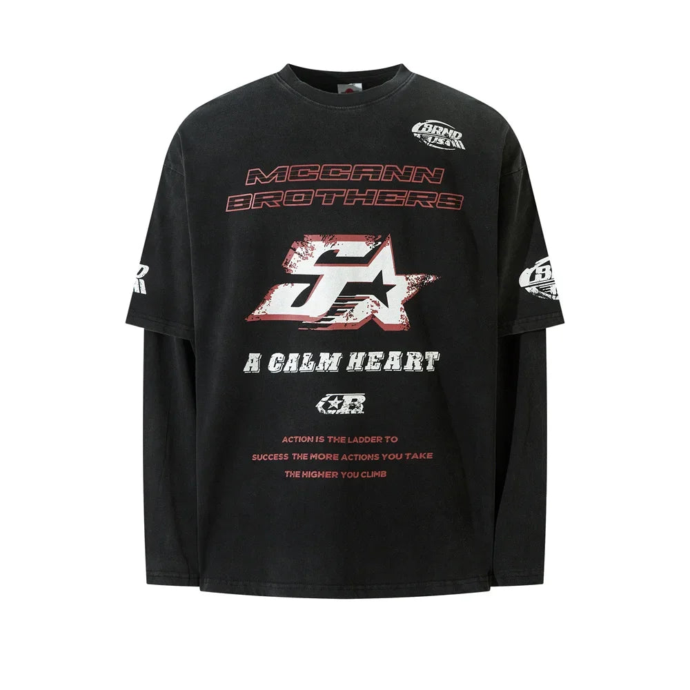 Mock Layered Y2K Racing Graphic Long Sleeve Top