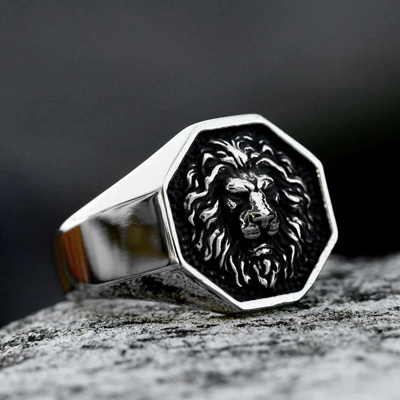 Octagonal Lion Signet Ring