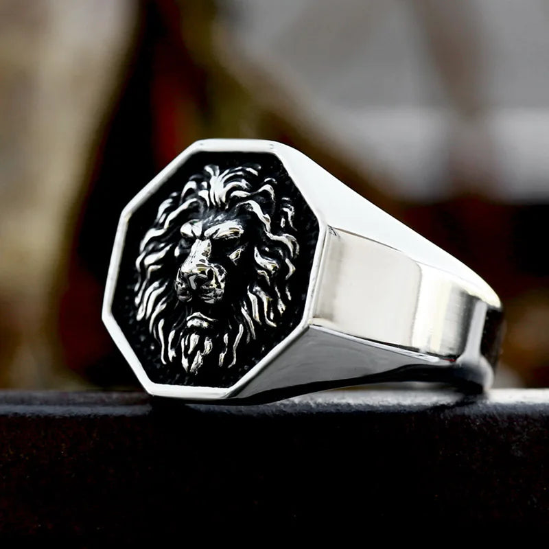 Octagonal Lion Signet Ring