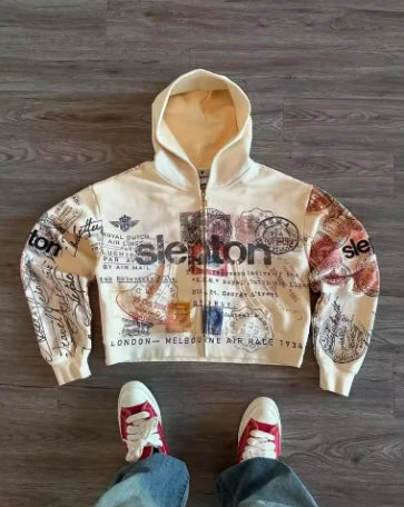 Passport Stamps Y2K Graphic Zip Up Hoodie
